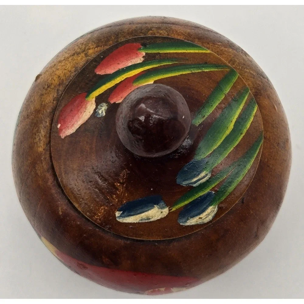 Hand Carved Wooden Trinket Jar Parrot Painted Colorful Lid Tropical Island Decor